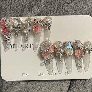 Decorative Pink Rose & Crystal Press On Nails